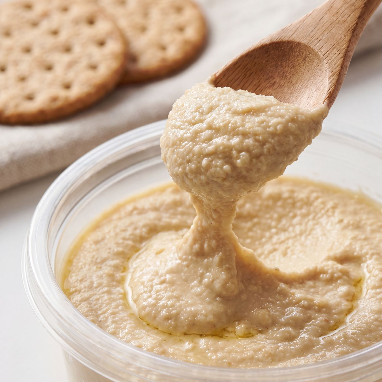 Woman in her kitchen eating bread with GroenteGoed chickpea spread