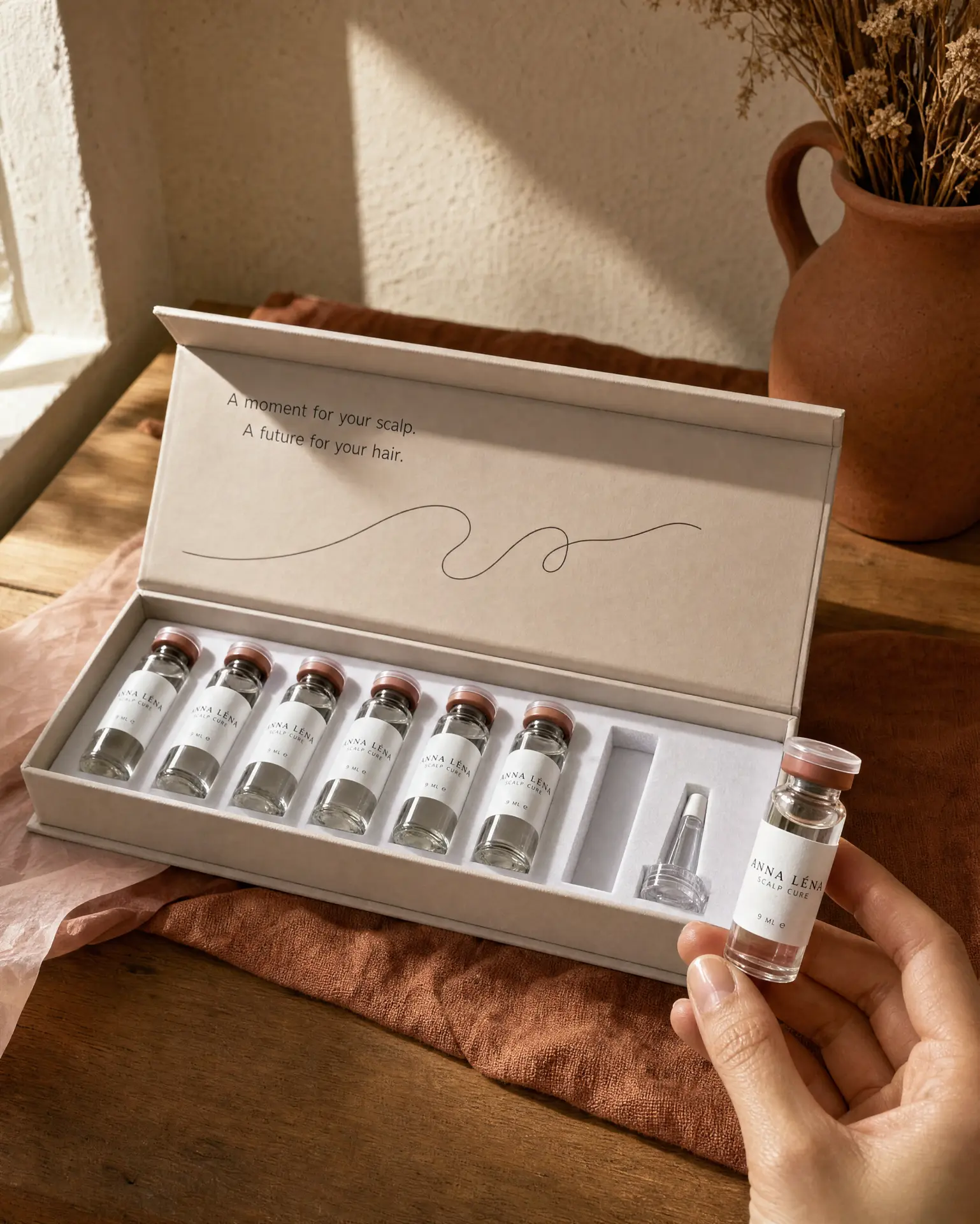 ANNA LÉNA Scalp Cure met abrikoos in warm zonlicht