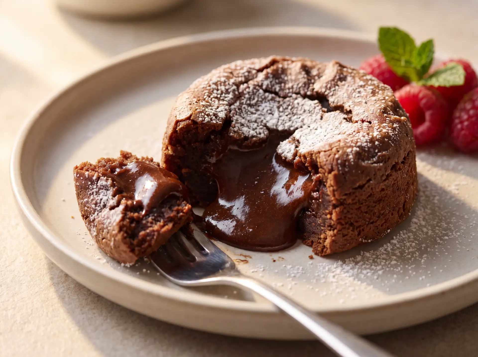 Lavacake met vloeiende chocolade in warm licht