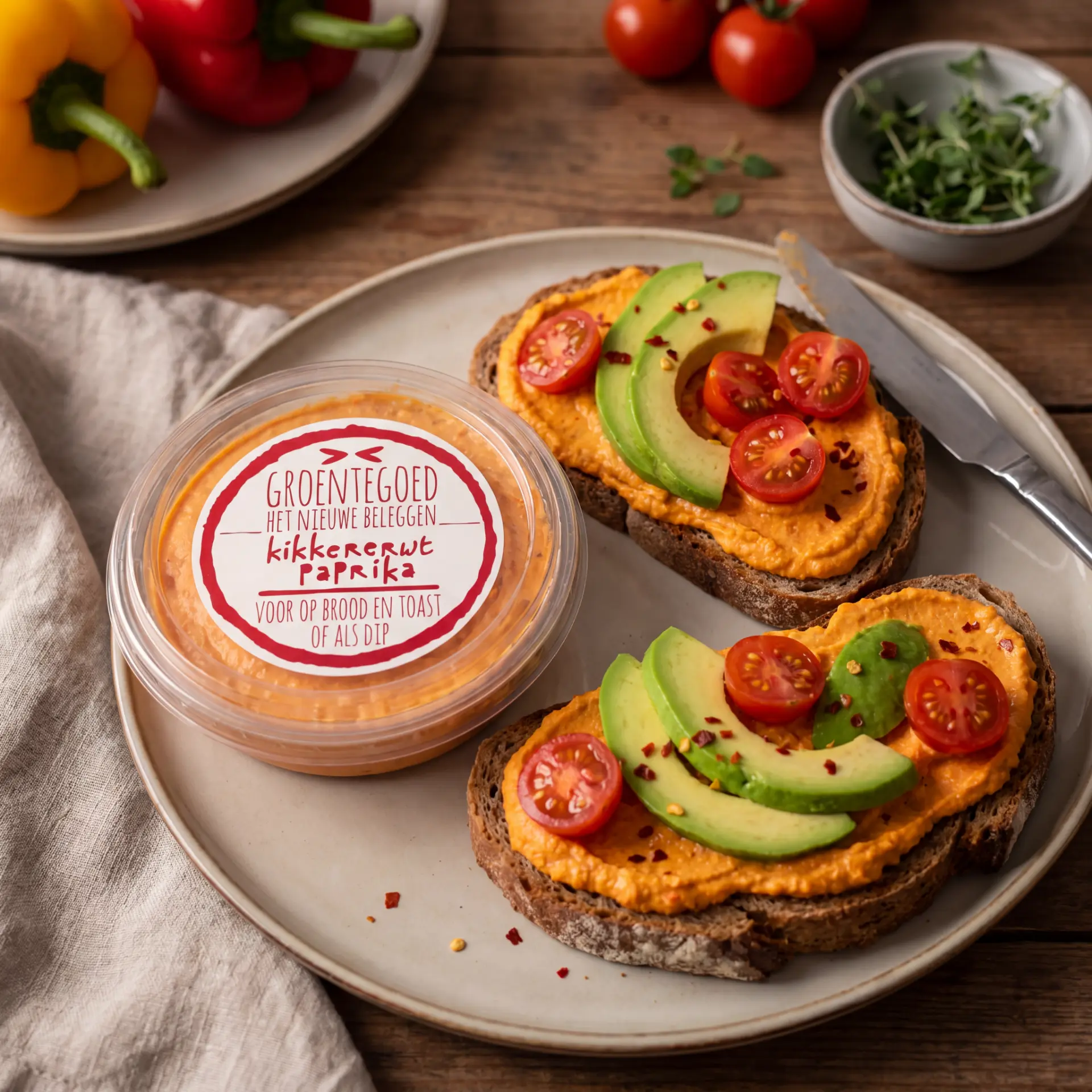 Woman in her kitchen eating bread with GroenteGoed chickpea spread