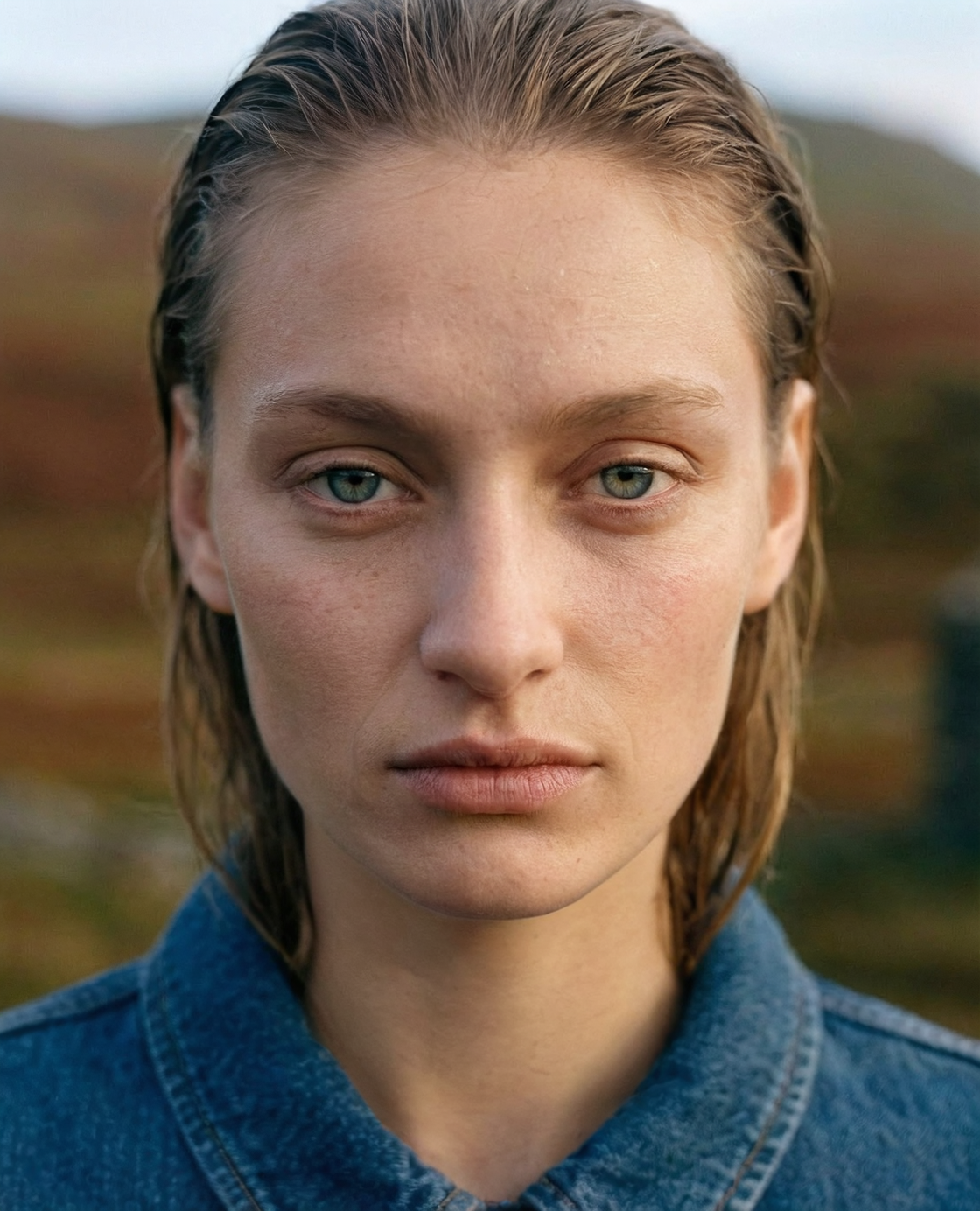 AI-model close-up in denim shirt, herfstige heide en mossteen op de achtergrond