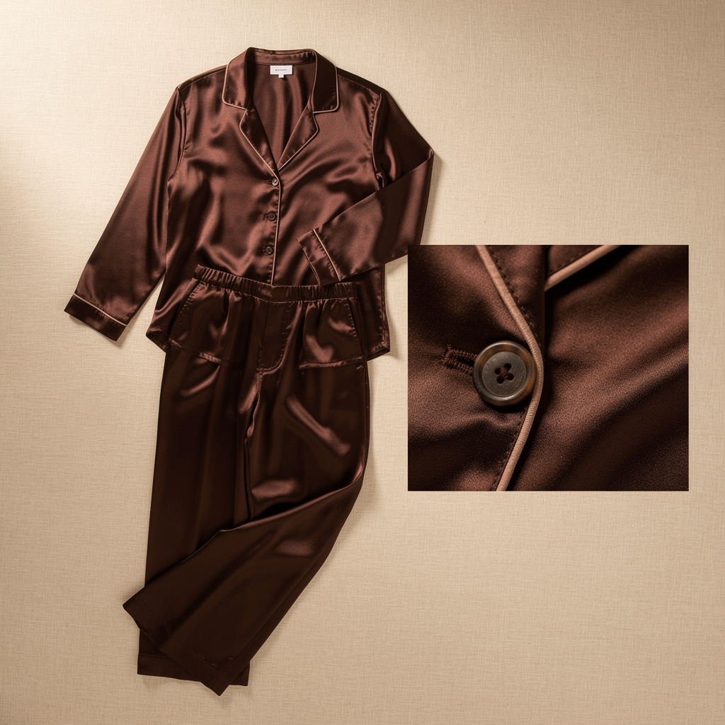 Bruine satijnen pyjama als flatlay met detailinzet