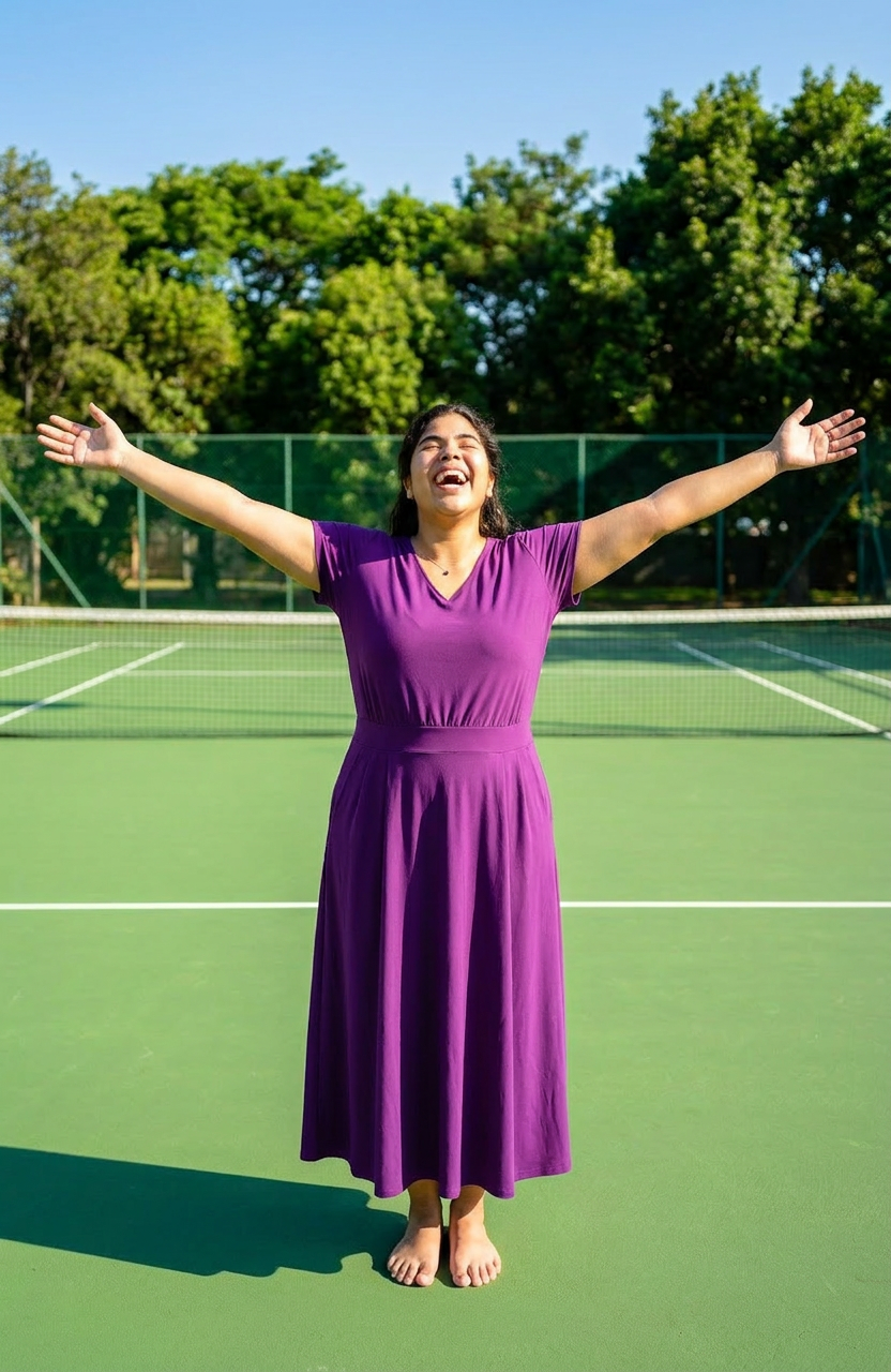 Vrouw met gespreide armen en open lach op een tennisbaan, symbool voor opluchting na een goed antwoord