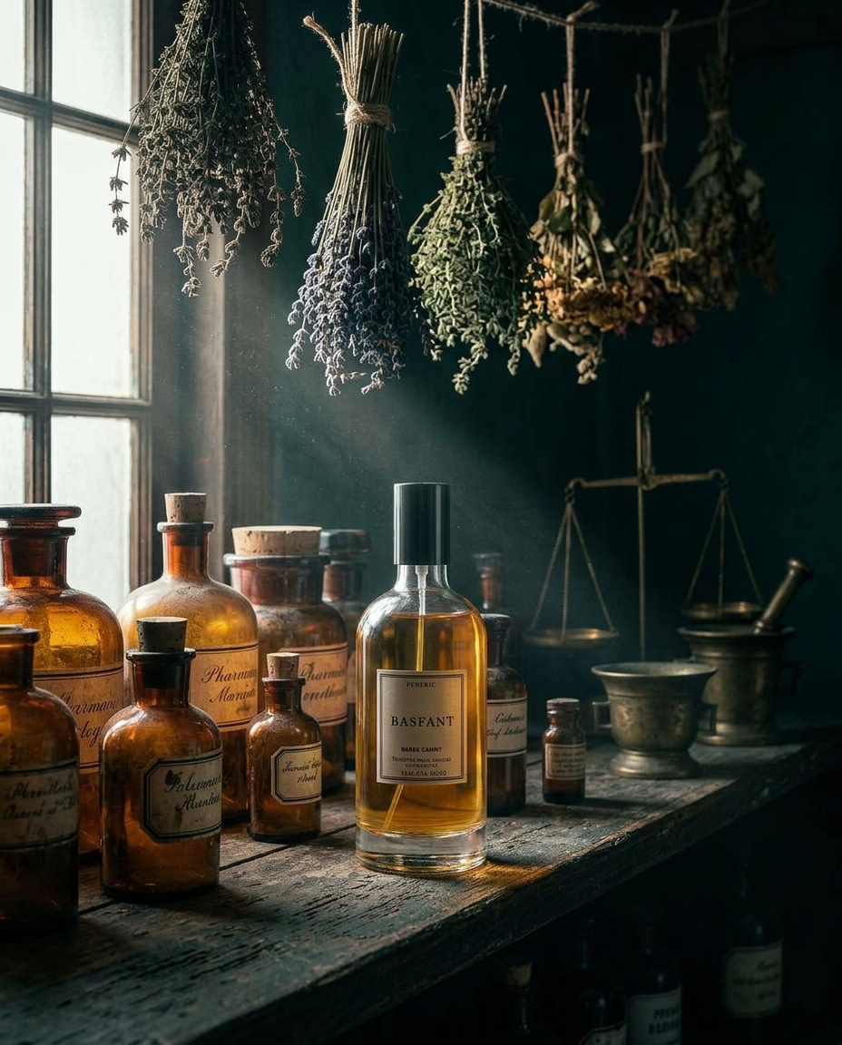 Parfumfles in een donkere apothekerssetting